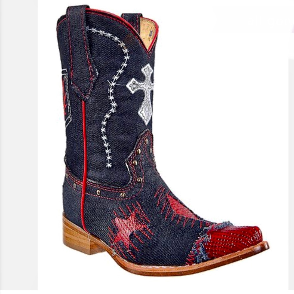 Joe Boots | Rustic Leather & Denim Cowboy Boots, Red Trim, Kid Size 11